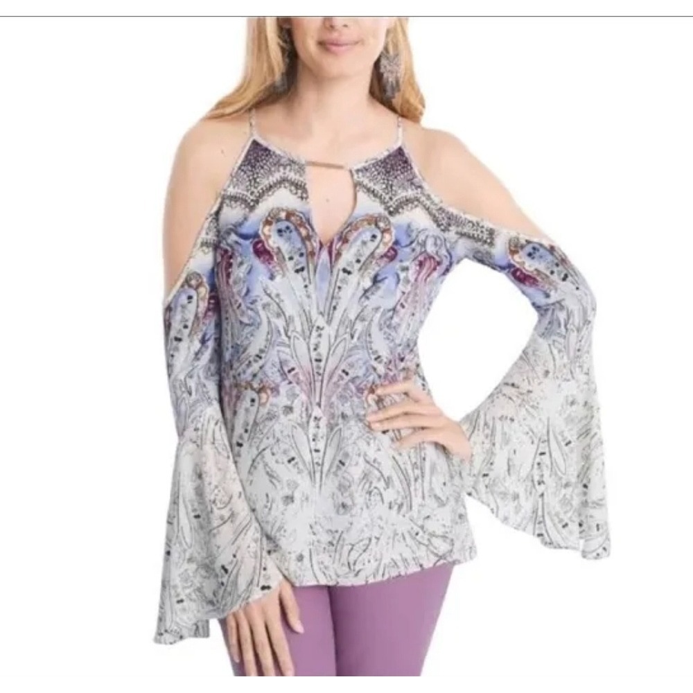 WHBM Tasha women 10 cold shoulder bell sleeve blouse boho feminine festival